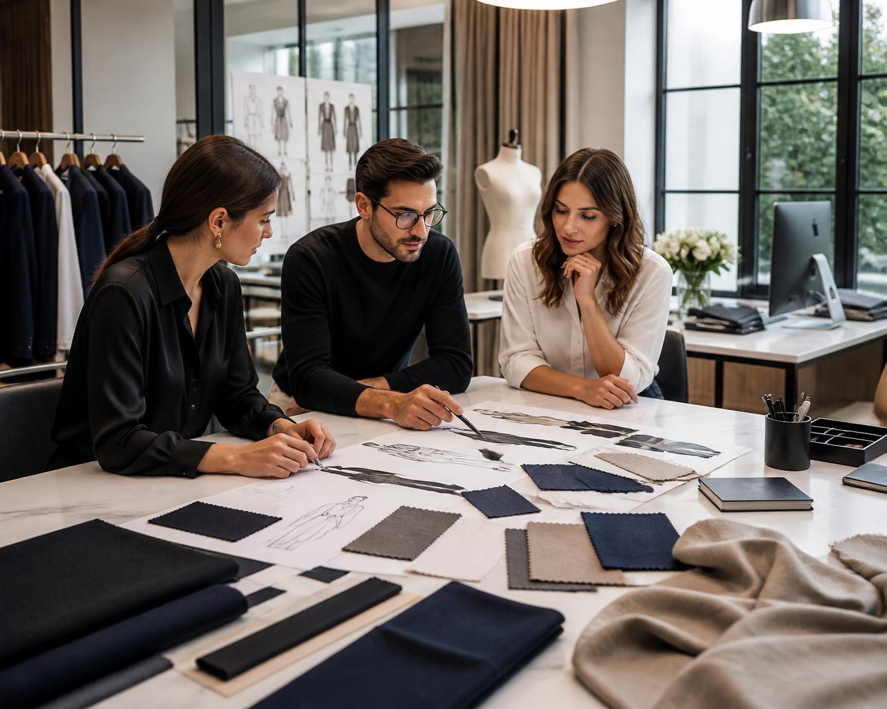 Fashion designers reviewing uniform sketches and fabric swatches in a luxury design studio
