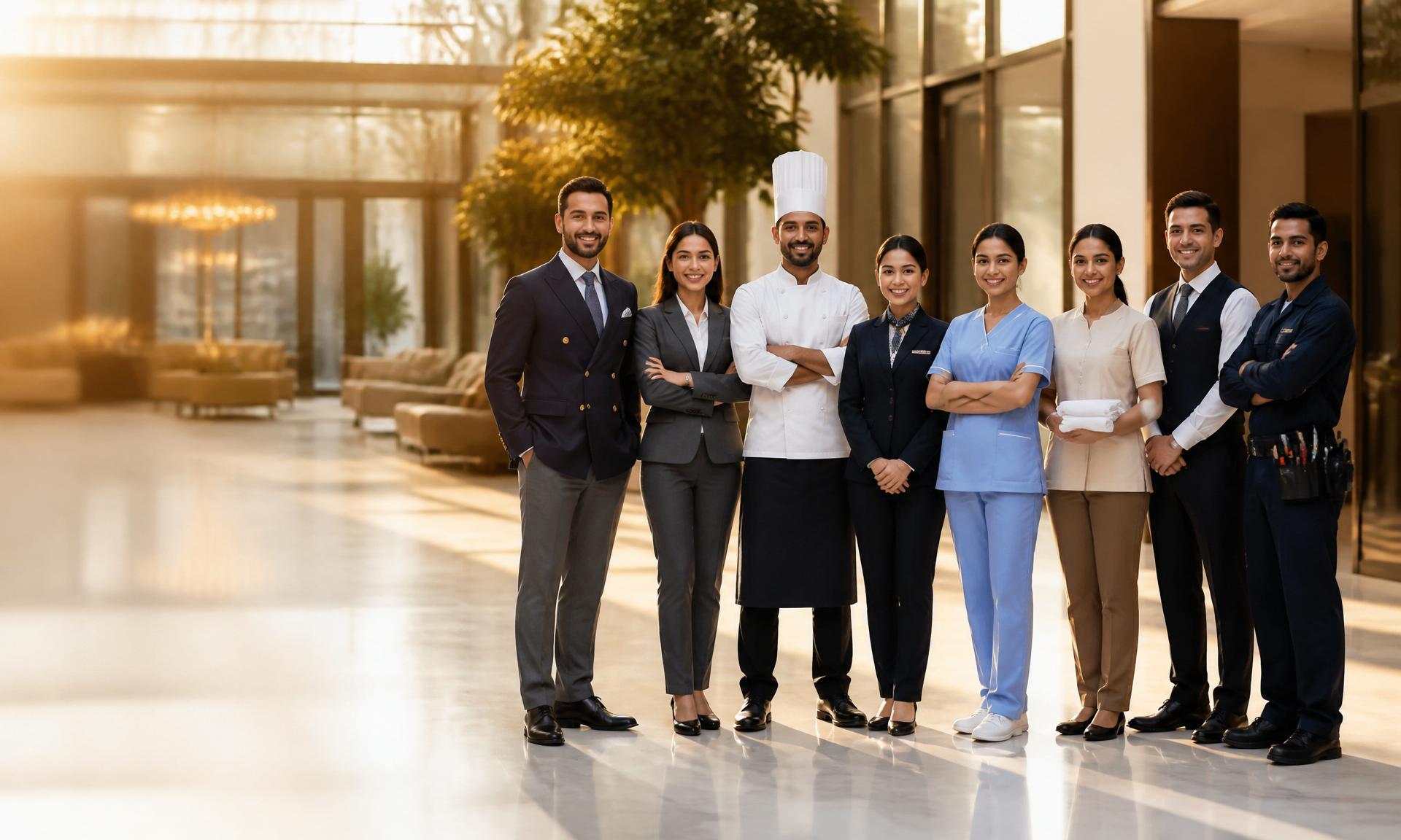 Professionals from hospitality, healthcare and corporate industries wearing premium coordinated uniforms